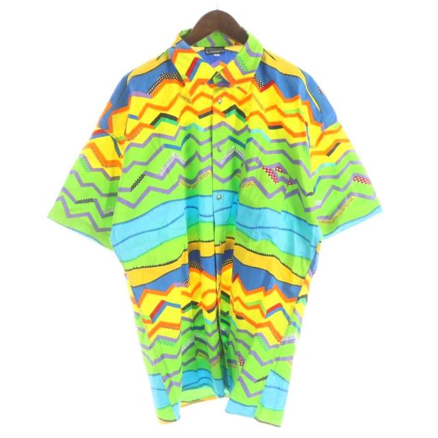 【中古】ヴェルサーチジーンズ VERSACE JEANS COUTURE カジュアルシャツ 半袖 総柄 グレカ模様 ボーダー L
