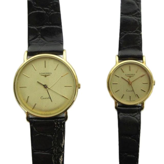 【中古】ロンジン LONGINES ペアウォッチ 腕時計 クォーツ ウォッチ ラウンド レザーベルト ロゴ ゴールド色 ■GY18