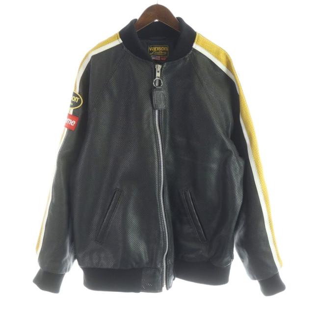 【中古】シュプリーム バンソンコラボ Lレザー ボンバージャケット 牛革 レーシング XL 黒 ブラック