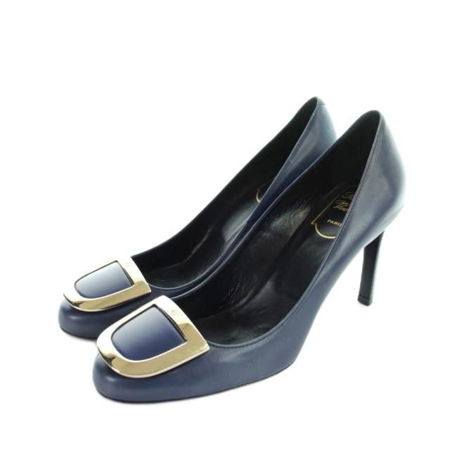 【中古】ロジェヴィヴィエ ROGER VIVIER パンプス ラウンドトゥ ハイヒール なめし革 ロゴタイプ 36 紺 米国海軍 ■GY40 /MQ