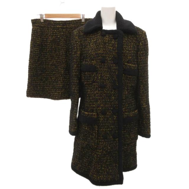 【中古】哲学 PHILOSOPHY 美品 セットアップ ロング厚地の外套 ミニスカート ダブル名取り草 ツィード 42 黒