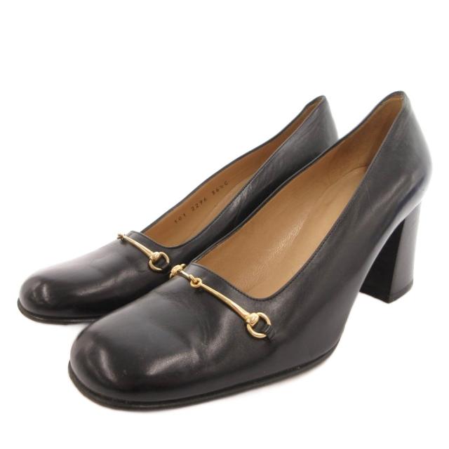 【中古】グッチ GUCCI パンプス チャンキーヒール レザー ホースビット スクエアトゥ 36.5 黒 ブラック /FF ■GY18