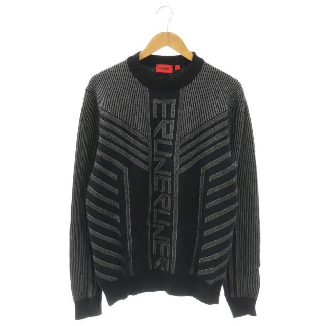 【中古】ヒューゴボス HUGO BOSS ニット セーター プルオーバー 総柄 L 黒 ブラック グレー /SS ■OS ■GY17 メンズ