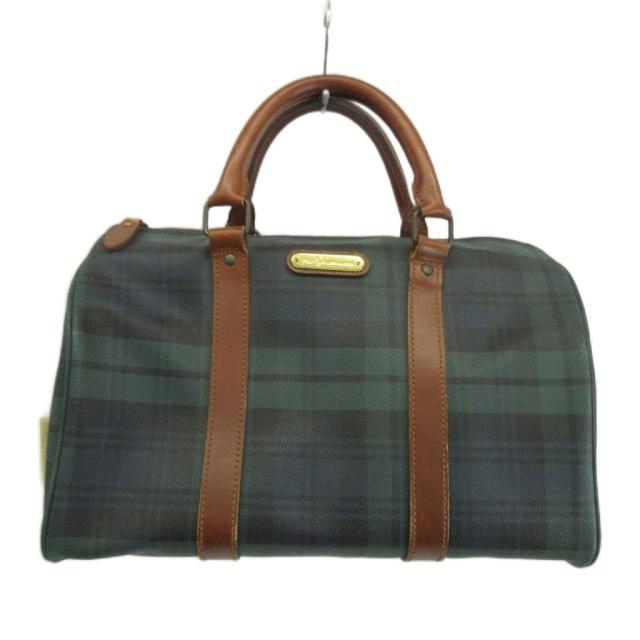 【中古】POLO RALPH LAUREN ミニボストンバッグ ハンドバッグ PVC レザー ブラックウォッチ ロゴプレート 緑 紺
