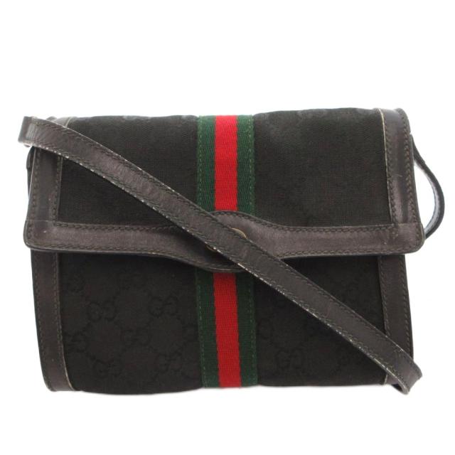 【中古】グッチ GUCCI ヴィンテージ ショルダーバッグ クロスボディ ジャガード GG柄 レザー シェリーライン 黒