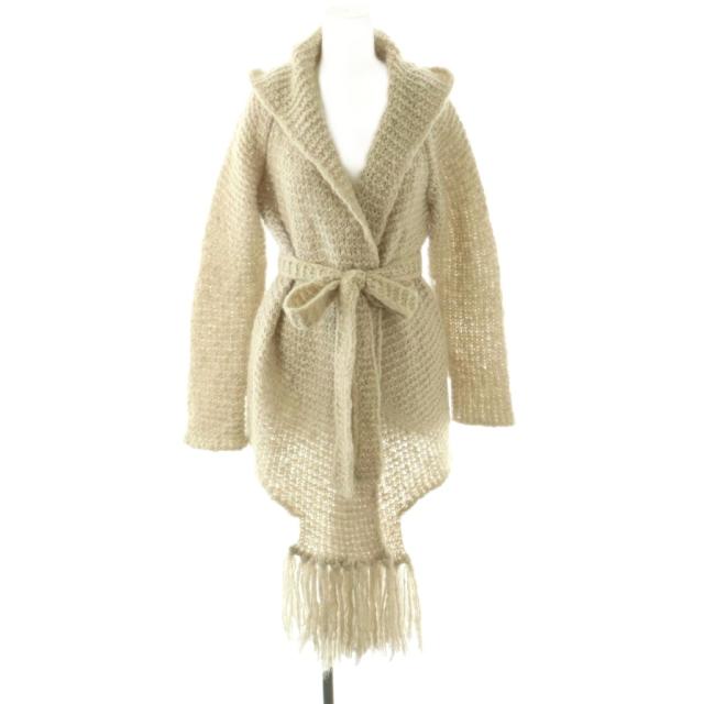 【中古】マックスマーラ MAX MARA 白タグ ガウン カーディガン ニット フリンジ モヘヤ混 シルク混 S ライトベージュ