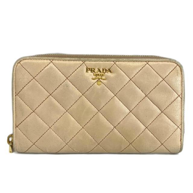 【中古】プラダ PRADA 長財布 レザー キルティング ラウンドファスナー ロゴ ゴールド金具 ベージュ /XZ ■GY18
