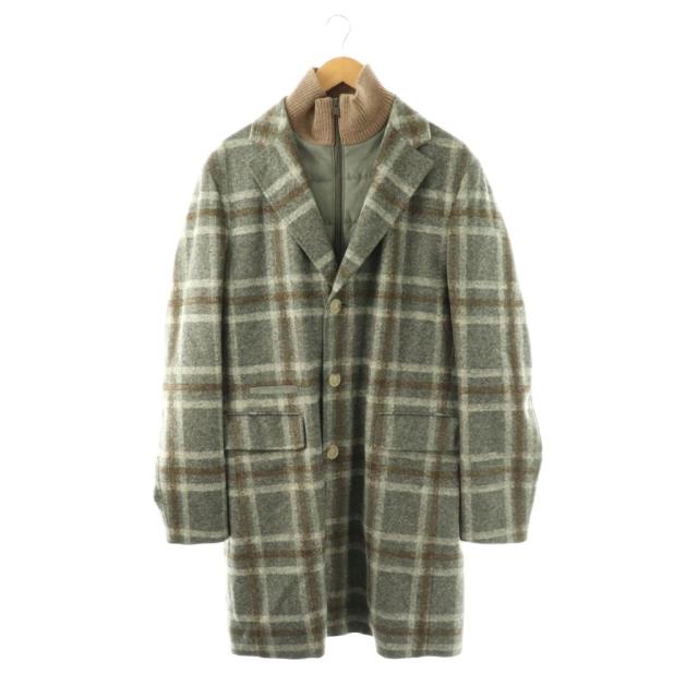 【中古】ヒューゴボス HUGO BOSS チェスターコート アウター ロング丈 レイヤード チェック柄 ウール混 UK48 グレー