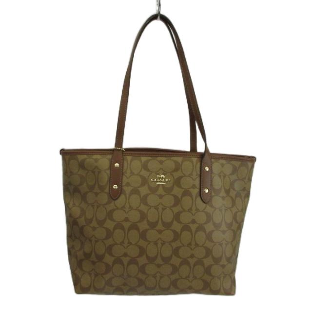 【中古】コーチ COACH トートバッグ 肩掛け PVC レザー シグネチャー ロゴ ゴールド金具 茶色 ブラウン F58292
