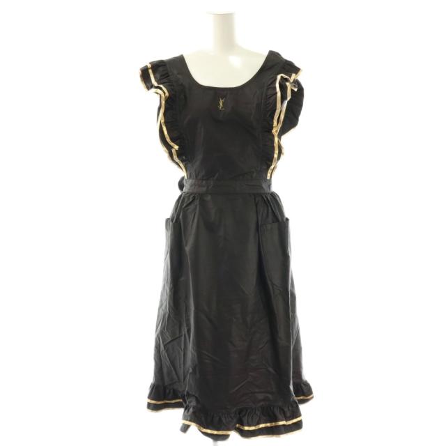 【中古】イヴサンローラン YVES SAINT LAURENT エプロン フリル ロゴ ブラック ゴールド色 /DF ■GY18 レディース