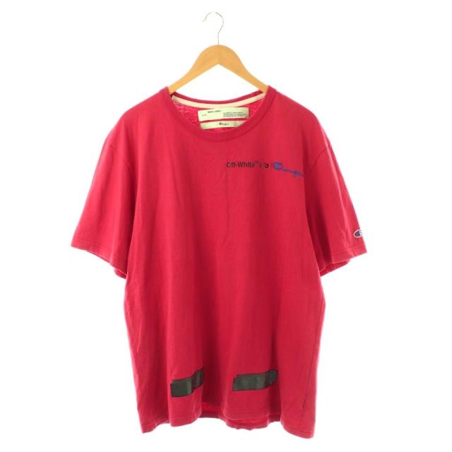 【中古】オフホワイト チャンピオンコラボTシャツ カットソー 半袖 バックプリントロゴ 刺繍 L レッド ブラック