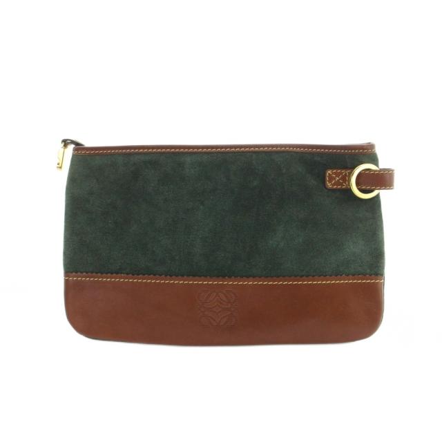 【中古】ロエベ LOEWE ポーチ 小物入れ マルチケース スエード レザー 切替 アナグラム 茶 ブラウン 緑 グリーン