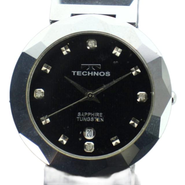 【中古】テクノス TECHNOS TEM536 腕時計 ウォッチ クォーツ 石付き カレンダー付き 黒文字盤 シルバー色 ■GY11