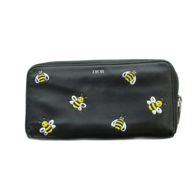 【中古】クリスチャンディオール Christian Dior KAWS 長財布 ウォレット BEE 総柄 ロゴ レザー ラウンドファスナー