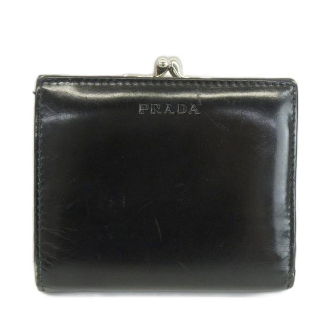 【中古】プラダ PRADA コンパクトウォレット 財布 二つ折り がま口 レザー ロゴ 型押し 黒 ブラック レディース