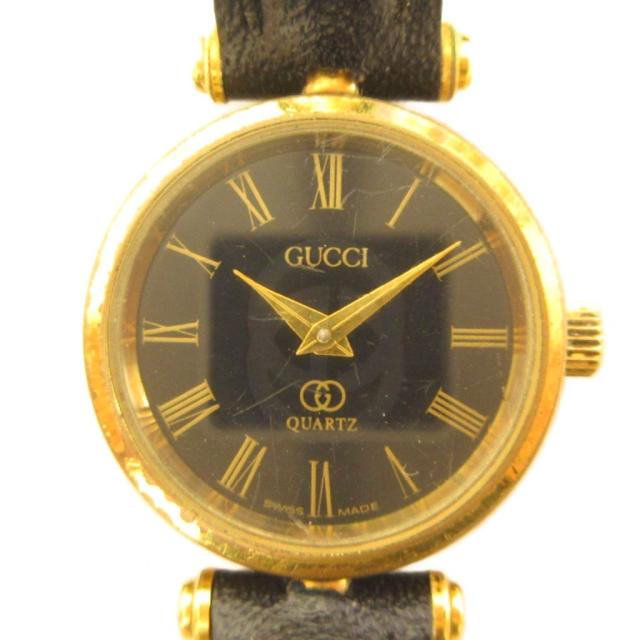 【中古】グッチ GUCCI 腕時計 ウォッチ インターロッキング クォーツ 黒文字盤 レザーベルト ゴールド色 ■GY18 /MQ