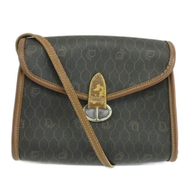 【中古】クリスチャンディオール Christian Dior ショルダーバッグ PVC レザー ハニカム柄 総柄 ロゴ 黒 茶色
