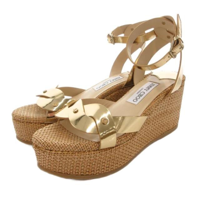 【中古】ジミーチュウ JIMMY CHOO サンダル ウェッジソール 厚底 レザー ストラップ ロゴ ラメ 37 茶 ブラウン
