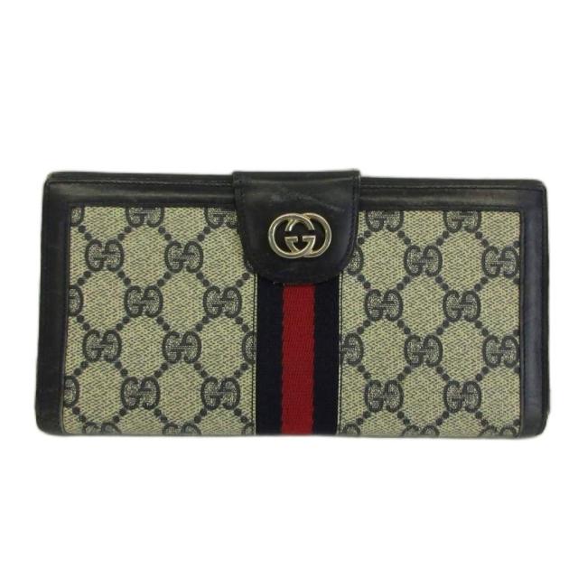 【中古】GUCCI オールドグッチ 長財布 二つ折り GGスプリーム PVC レザー Wホック インターロッキングG 紺