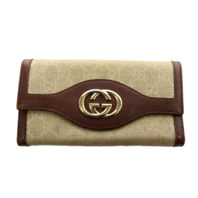 【中古】グッチ GUCCI インターロッキング GGキャンバス 長財布 二つ折り 小銭入れ レザー ベージュ 茶 ブラウン