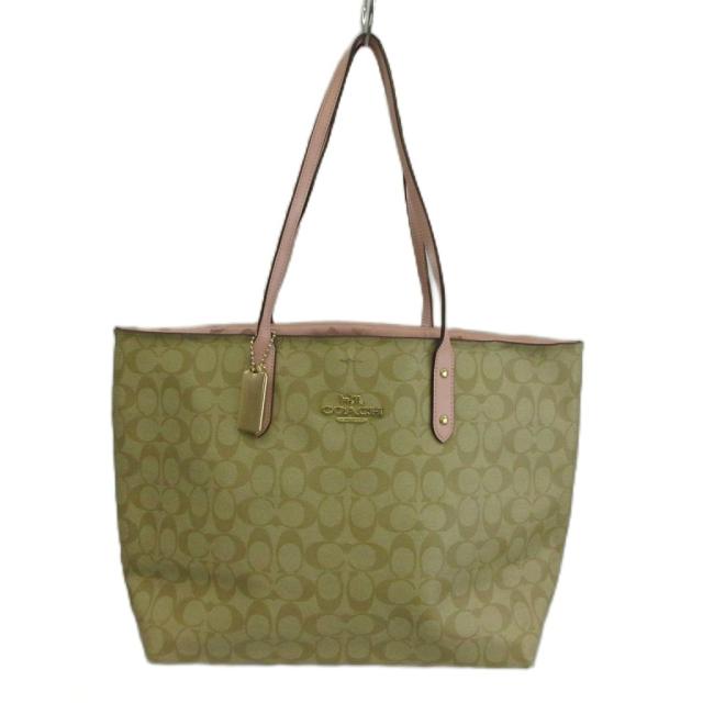【中古】COACH トートバッグ ワンショルダー PVC レザー シグネチャー ロゴ ゴールド金具 ベージュ ピンク 76636