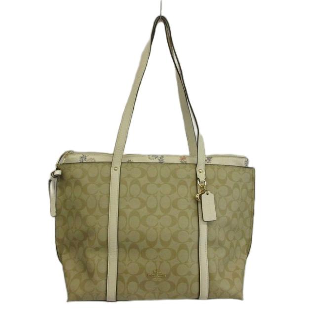 【中古】COACH MAY TOTE トートバッグ PVC レザー シグネチャー 花柄 タンポポ ロゴ ゴールド金具 ベージュ 2320