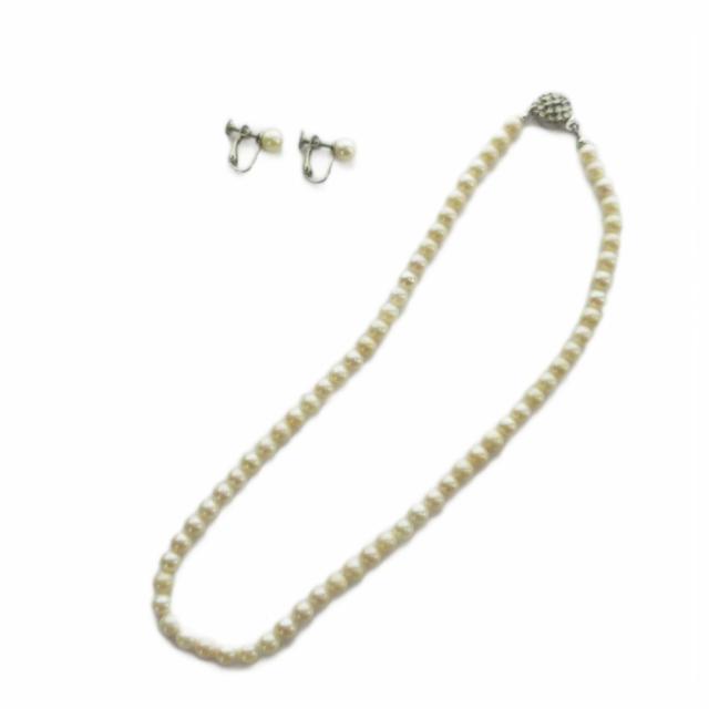 【中古】ノーブランド品 ネックレス イヤリング セット 両耳用 ねじ式 パール 真珠 Silver925 6mm 白 ホワイト