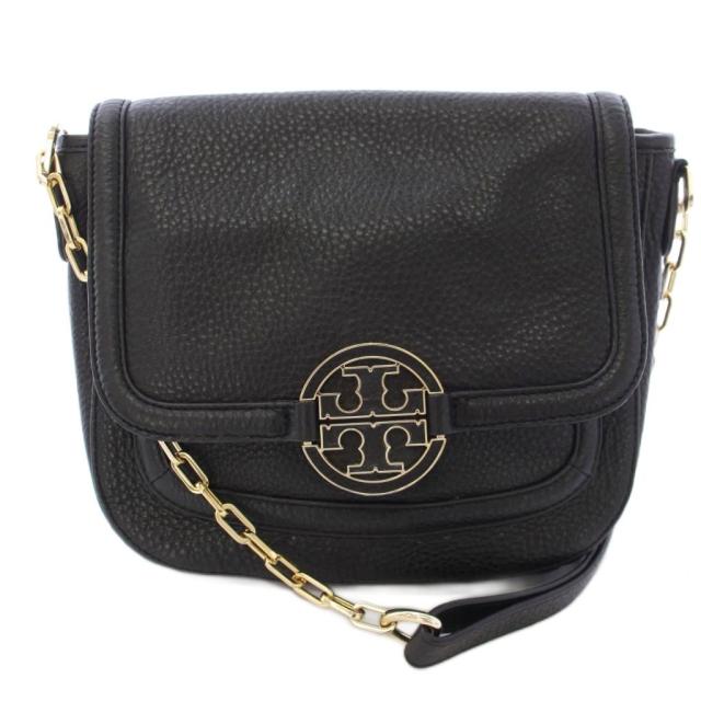 【中古】トリーバーチ TORY BURCH アマンダ ショルダーバッグ ダブルTロゴタイプ 下げ翼 なめし革 黒 黒いこと レディース