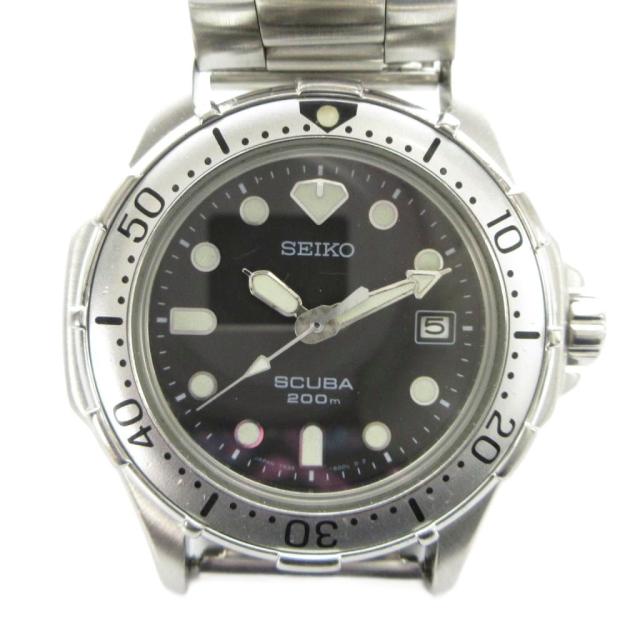 【中古】セイコー SEIKO ジャンク品 7N35-6000 SCUBA 腕時計 クォーツ ウォッチ カレンダー付き デイト 黒文字盤