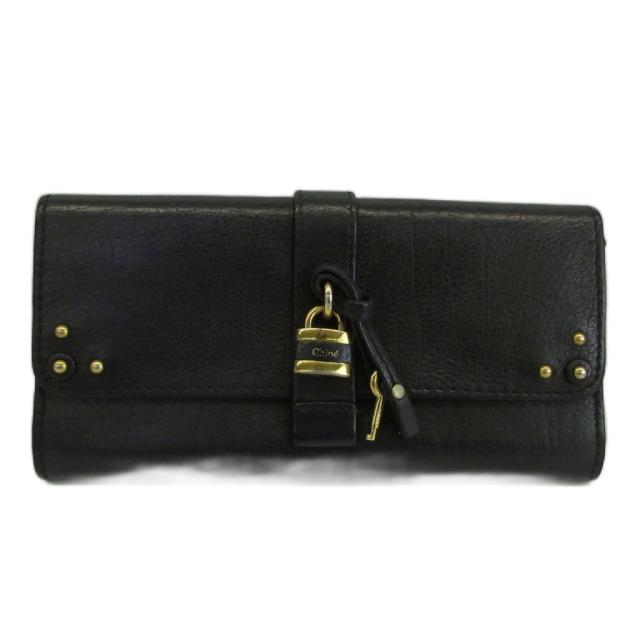 【中古】クロエ CHLOE 長財布 二つ折り レザー 南京錠 カデナ 鍵 スタッズ ロゴ ゴールド金具 黒 ブラック /XZ ■GY11