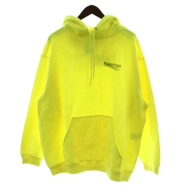 【中古】バレンシアガ BALENCIAGA スウェット トレーナー プルオーバーパーカー M 黄 長袖 裏起毛 フード付き ロゴ