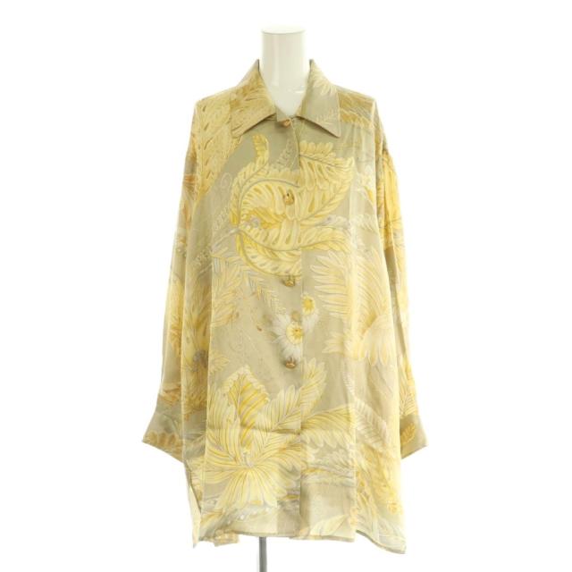 【中古】サルヴァトーレフェラガモ シャツ ブラウス チュニック丈 シルク ボタニカル柄 M グレージュ 黄色 レディース
