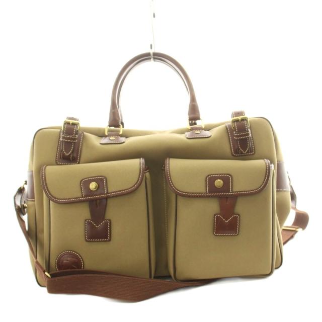 【中古】ハンティングワールド ボストンバッグ ハンドバッグ ショルダーバッグ 2way キャンバス レザー カーキ 茶