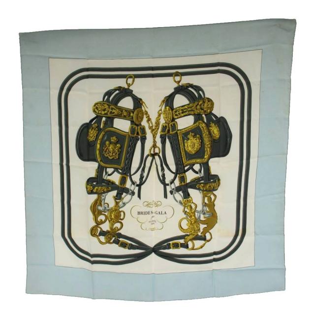 【中古】エルメス HERMES ブリッド ド ガラ BRIDES de GALA カレ90 スカーフ 総柄 シルク 白 ホワイト 水色