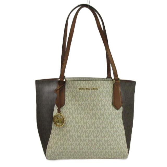 【中古】MICHAEL KORS トートバッグ 肩かけ PVC なめし革 MK名書き ロゴタイプ ゴールド金具 白 赤銅色 35S9GKFT1B