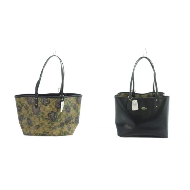 【中古】未使用品 コーチ COACH F25874 トートバッグ ハンド タグ付き 花柄 リバーシブル PVC 総柄 茶 ブラウン 黒