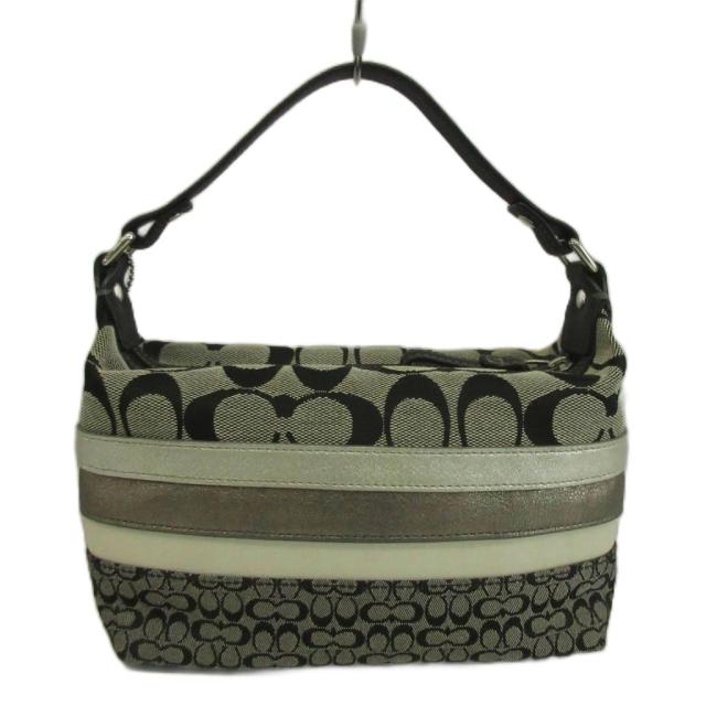 【中古】COACH ハンドバッグ ポーチ キャンバス レザー シグネチャー ミニシグネチャー 切り替え ストライプ 黒