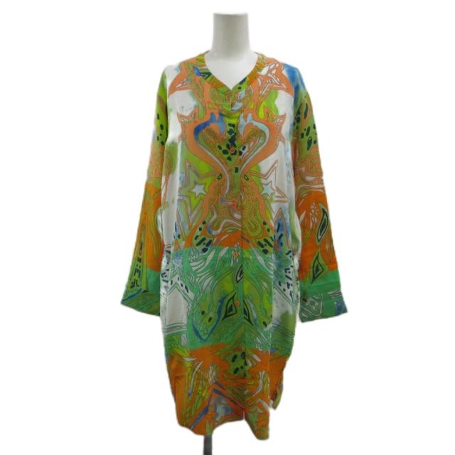 【中古】エミリオプッチ EMILIO PUCCI シャツ ブラウス 絹 シルク 38 マルチカラー 総柄 Vネック 長袖 チュニック丈