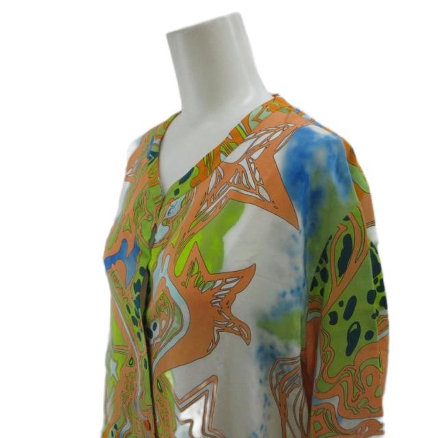 【中古】エミリオプッチ EMILIO PUCCI シャツ ブラウス 絹 シルク 38 マルチカラー 総柄 Vネック 長袖 チュニック丈_3
