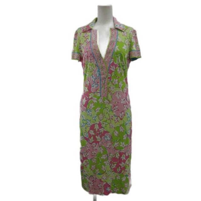 【中古】エミリオプッチ EMILIO PUCCI ワンピース ロング 花柄 ロゴ 総柄 半袖 ミディ丈 襟付き /PP ■GY18 レディース