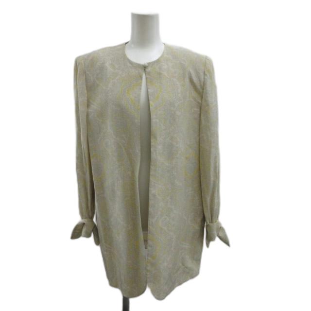 【中古】Christian Dior ノーカラージャケット 絹 シルク ロング ペイズリー柄 総柄 肩パッド 9 ベージュ 黄色