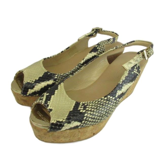 【中古】JIMMY CHOO サンダル レザー パイソン型押し コルク オープントゥ ウェッジソール 36 23cm ベージュ 黒