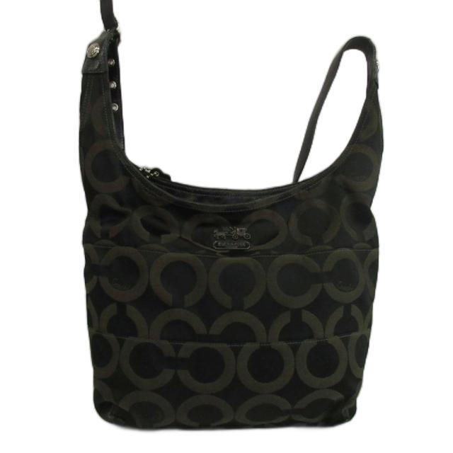 【中古】コーチ職 COACH トライベッカ オプアート ショルダーバッグ 帆布 なめし革 ロゴタイプ 黒 黒いこと 14139