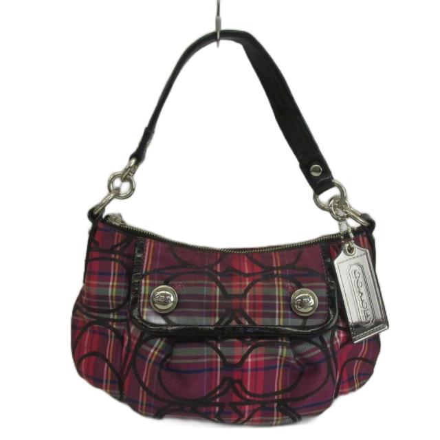 【中古】COACH ポピータータン グルーヴィー ハンドバッグ ナイロン タータンチェック柄 シグネチャー 紫 14366