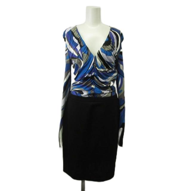 【中古】EMILIO PUCCI ワンピース ウール混 長袖 ひざ丈 切り替え Vネック ドレープ プッチ柄 38 S マルチカラー