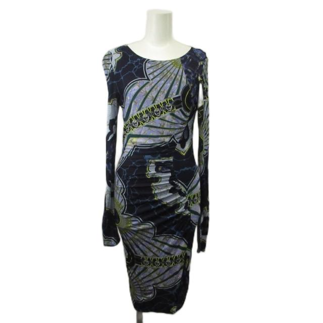 【中古】EMILIO PUCCI ワンピース 長袖 ミディ丈 クルーネック プッチ柄 総柄 シャーリング 36 XS 紺 紫