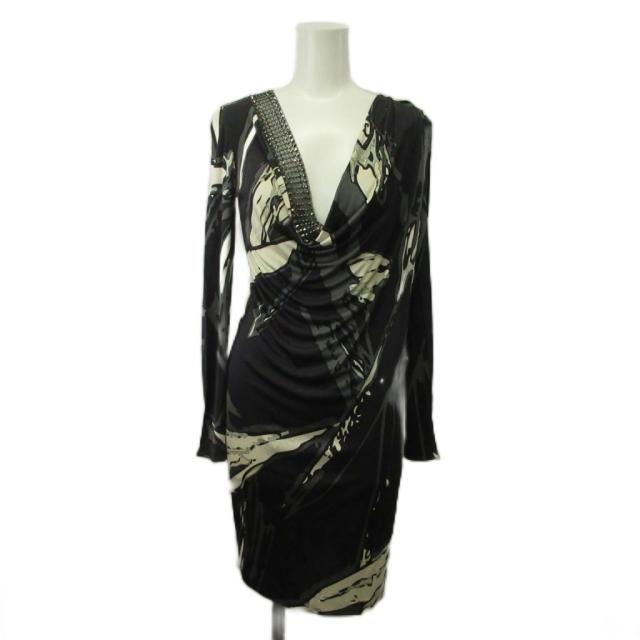 【中古】EMILIO PUCCI ワンピース シルク ナイロン混 長袖 ひざ丈 Vネック ドレープ 総柄 ビジュー 36 XS グレー 白