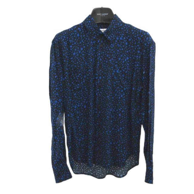 【中古】サンローラン パリ SAINT LAURENT PARIS 2019 ワイシャツ 37 ネイビー 紺 青 ブルー ドット柄 総柄 長袖