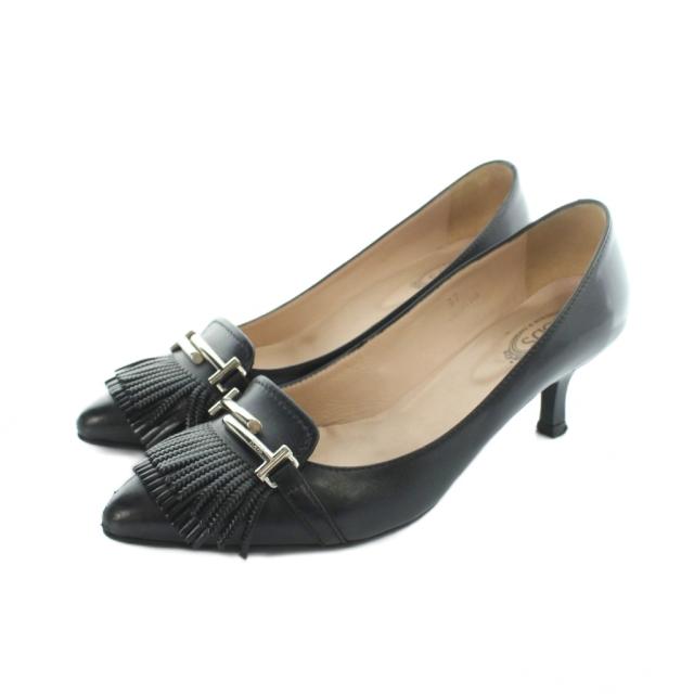 【中古】トッズ TOD'S パンプス ポインテッドトゥ ロゴタイプ なめし革 37 23.5糎 黒 黒いこと ■GY18 /MQ レディース