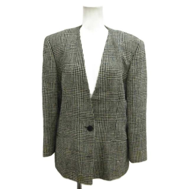 【中古】グッチ GUCCI ノーカラージャケット 上着 絹 シルク 42 黒 ブラック グレー グレンチェック柄 長袖 /PP